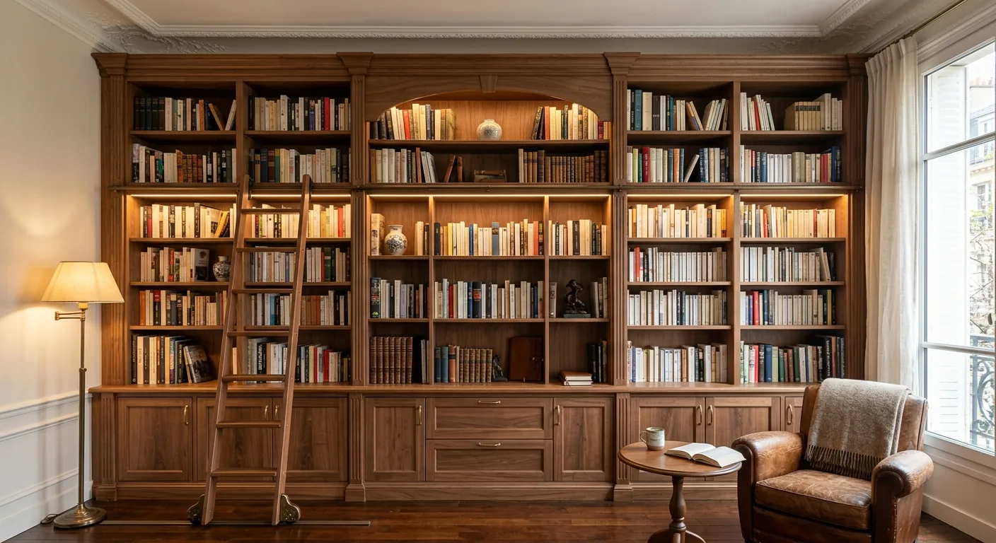 Bibliothèque sur mesure intégrée en hêtre teinté noyer